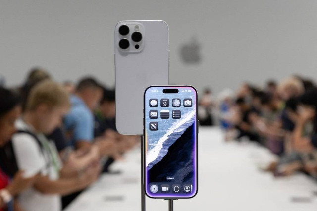 The iPhone 16 Pro is seen at an event at the Steve Jobs Theater on its campus in Cupertino, California, US, September 9, 2024.