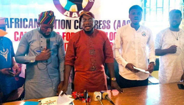 Kayode Babayomi, Chairman, African Action Congress (AAC), Oyo State chapter, flanked by other party chieftains during a press conference on the state’s local government elections, held in Ibadan