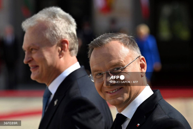 Poland's President Andrzej Duda greets Lithuania's President Gitanas Nauseda during a welcoming ceremony at the Presidential Palace in Warsaw, Poland on September 4, 2024