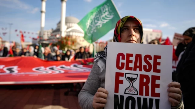 A woman holds a placard during a protest in Istanbul, Turkey, calling for an immediate ceasefire in Gaza, on 14 January 2024