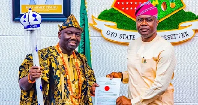 Newly appointed Alaafin of Oyo, Abimbola Owoade and Governor of Oyo State, Seyi Makinde