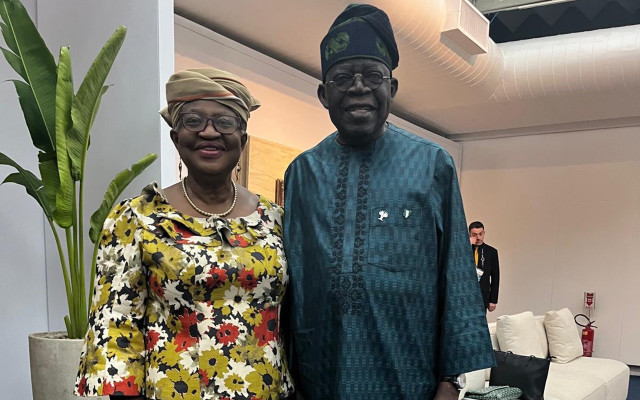 President Bola Tinubu (right) and Director-General of the World Trade Organisation (WTO), Ngozi Okonjo-Iweala at the BRICS summit, in Brazil