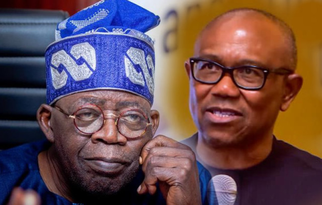 A composite image featuring Peter Obi on the right, wearing glasses and speaking during an event, and Bola Tinubu on the left, dressed in traditional Nigerian attire, with a reflective expression, symbolizing the political tension surrounding Nigeria's pr