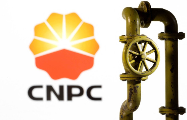 A 3D printed natural gas pipeline is placed in front of displayed CNPC (China National Petroleum Corporation) logo in this illustration taken February 8, 2022