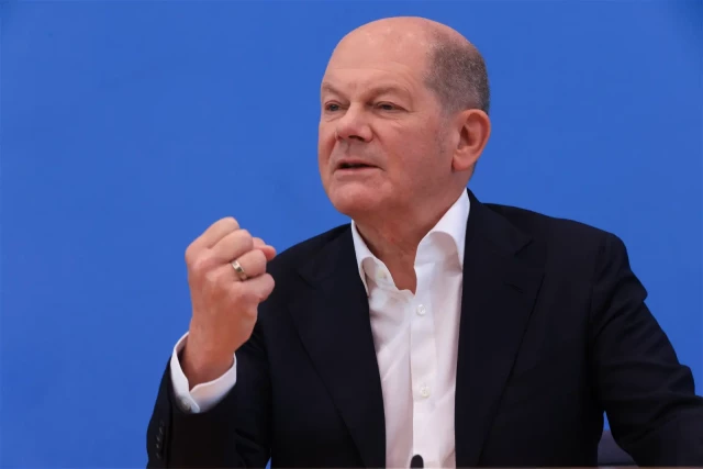 German Chancellor Olaf Scholz speaks during his annual summer press conference in Berlin, Germany, July 14, 2023