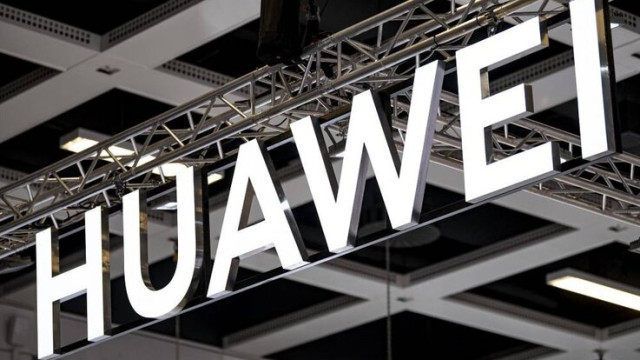 The logo of Huawei at the electronics fair IFA