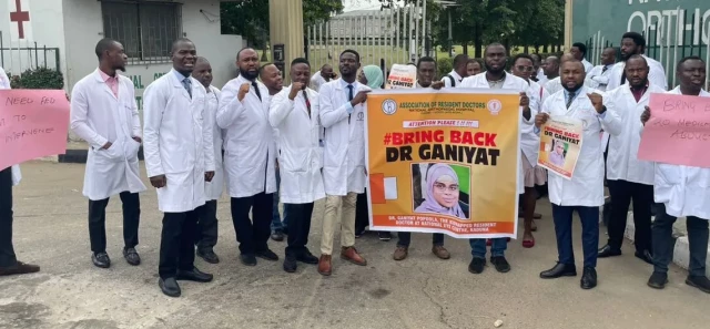 Members of the Association of Resident Doctors (ARD), National Orthopaedic Hospital Igbobi, Lagos, demand the release of the abducted doctor