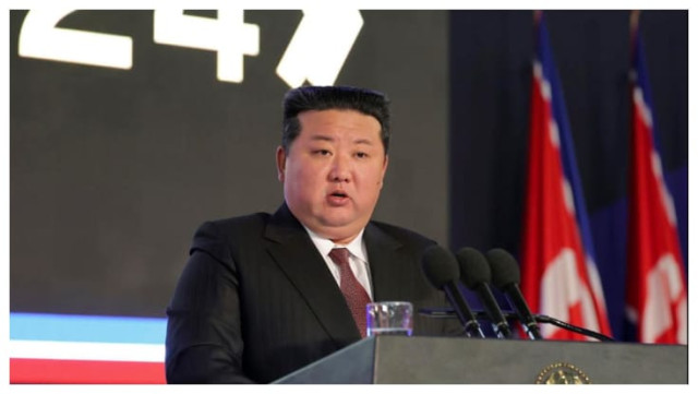 Kim Jong Un addresses an audience during North Korea’s National Defense Development-2024 exhibition.