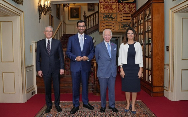 COP Troika: King Charles III with Sultan Al Jaber, the President of COP28 (second left); Mukhtar Babayev, the President-designate of COP29 (left); and Ana Toni, the Brazilian National Secretary for Climate Change (right)