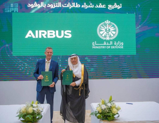 Saudi Assistant Minister of Defense for Executive Affairs Dr. Khaled bin Hussein Al-Bayari, and Head of Air Power at Airbus Defense and Space Jean-Brice Dumont