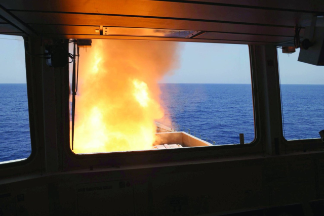 A Sea Viper missile is launched from HMS Diamond to shoot down a missile fired by the Iranian-backed Houthis from Yemen,