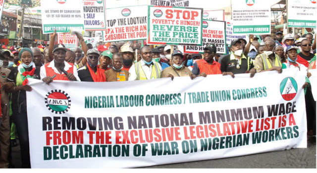 Workers and labour leaders during a protest against a bill on the minimum wage in Ikeja, Lagos…on Wednesday.