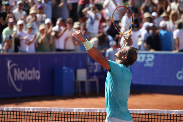 Spanish tennis player Rafael Nadal celebrates after defeating Croatia's Duje Ajdukovic in the men's singles semi-finals of the Swedish Open.