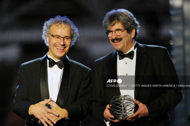 Victor Ambros and Gary Ruvkun speak onstage during the Breakthrough Prize Awards Ceremony Hosted By Seth MacFarlane at NASA Ames Research Center on November 9, 2014 in Mountain View, California