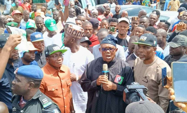 Peter Obi, Labour Party presidential candidate, speaks at a rally in Akure, Ondo State, urging voters to reject vote trading, Monday, Nov. 11, 2024.