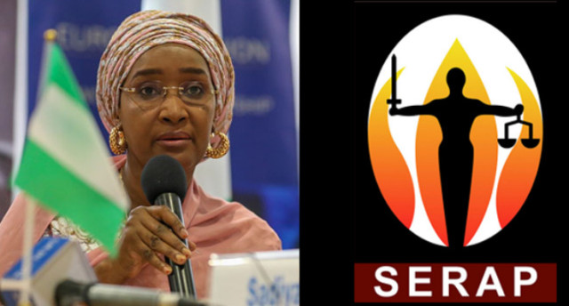 Photo of Former Minister of Humanitarian Affairs, Disasters Management and Social Development, Sadia Umar-Farouk and SERAP Logo