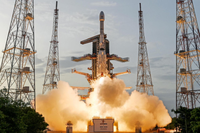 This handout photograph taken and released on July 30, 2025 by the Indian Space Research Organisation (ISRO) shows ISRO's launch vehicle GSLV-F16 carrying the NISAR earth observation satellite lifting off from the launch pad at the Satish Dhawan Space Cen