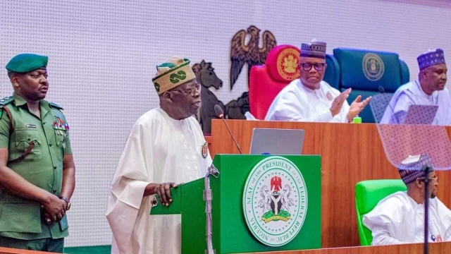 President Bola Ahmed Tinubu and Senate President Godswill Akpabio during presentation of national Minimum wage bill