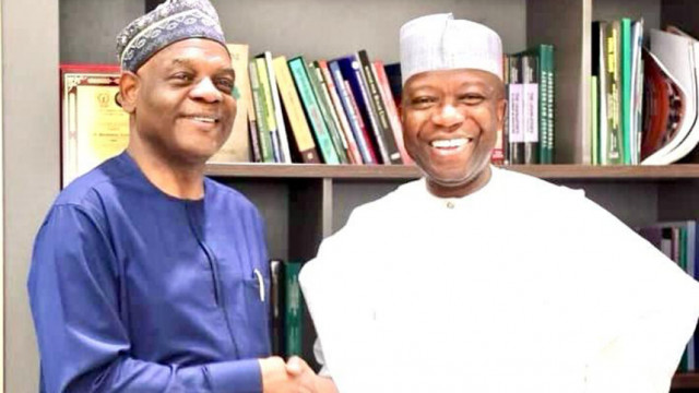 Executive Secretary, Tertiary Education Trust Fund (TETFund), Sonny Echono (left) and Director General, National Institute for Legislative and Democratic Studies (NIFLDS), Prof. Abubakar Sulaiman, during Echono’s visit to NIFLDS’ office in Abuja