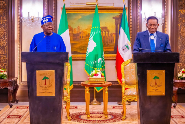 Picture of Presidents Bola Tinubu, and Teodoro Mbasogo