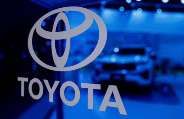 Toyota's logo is seen in their exhibition stall at Bharat Mobility Global Expo organised by India's commerce ministry at Pragati Maidan in New Delhi, India, February 1, 2024.