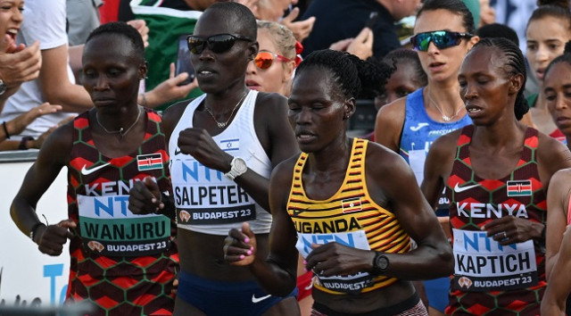 Kenya’s Rosemary Wanjiru, Israel’s Lonah Chemtai Salpeter, Uganda’s Rebecca Cheptegei and Kenya’s Selly Chepyego Kaptich compete in the women’s marathon final during the World Athletics Championships in Budapest on August 26, 2023.