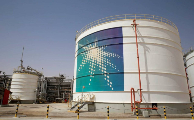 An Aramco oil tank is seen at the Production facility at Saudi Aramco's Shaybah oilfield in the Empty Quarter, Saudi Arabia May 22, 2018