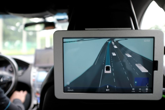 A screen illustrating the route of a WeRide autonomous vehicle is seen in Guangzhou, Guangdong province, China May 15, 2020. Picture taken May 15, 2020.