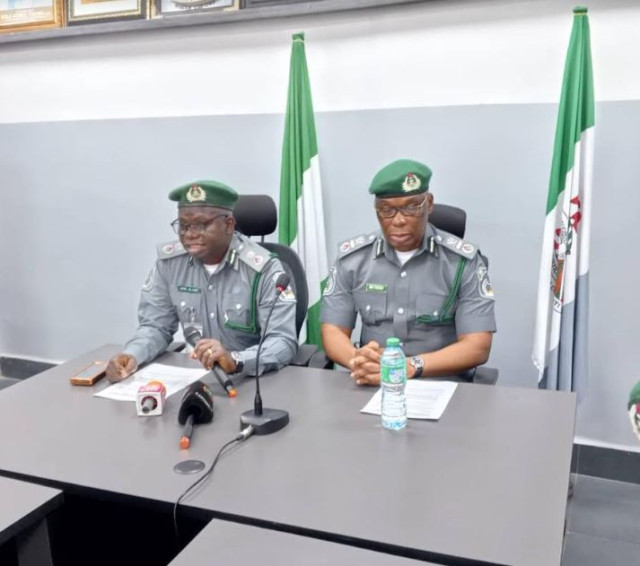 Comptroller, NCS, Ogun II Area Command, Olusola Alade, and Assistant CG in charge of Southwest, Saidu Yusuf, in Abeokuta, Ogun State, on Thursday