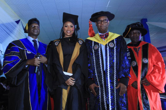 MD, Upperlinks, Akano Olusegun; Best graduating student, Engr Odufuwa and Prof Amusa Adetunji, during the 3rd convocation ceremony of Southwestern University in Ogun state