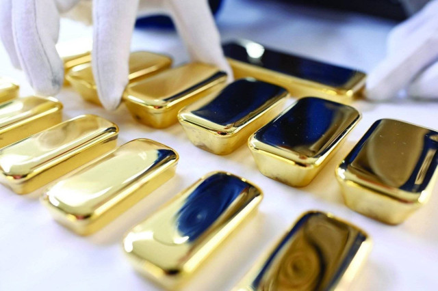 Gold bullion displayed in a store in the German city of Pforzheim