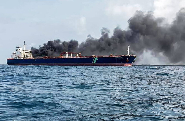 Singapore-flagged tanker Hafnia Nile on fire in Tanjung Sedili, near Singapore.