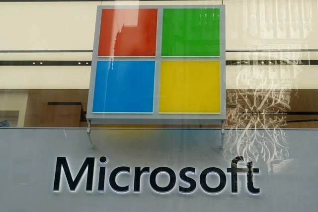 A Microsoft logo is pictured on a store in the Manhattan borough of New York City, New York, US, January 25, 2021.