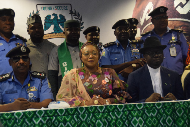 L-R: representative of the Inspector General of Police, DIG Dasuki Galadachi, Minister of State of Police Affairs, Hajia Imaan Sulaiman-Ibrahim, Minister of State Youth Development Honourable Ayodele Olawande and other participants during the unveiling of