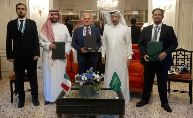 Saudi Minister of Investment Khalid Al-Falih with officials from Italy’s Elettronica after signing the memorandum of understanding