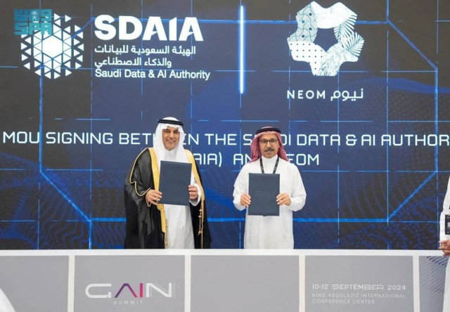 SDAIA President Dr. Abdullah Al-Ghamdi and NEOM CEO Nadhmi Al-Nasr signed the MoU during the third edition of the Global AI Summit in Riyadh