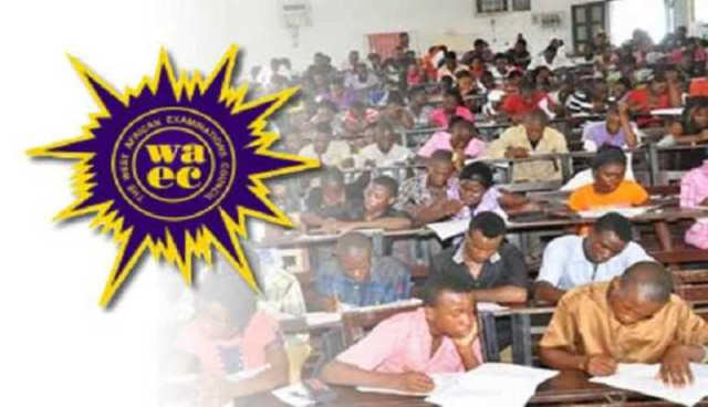 Photo of WAEC logo and student taking an exam